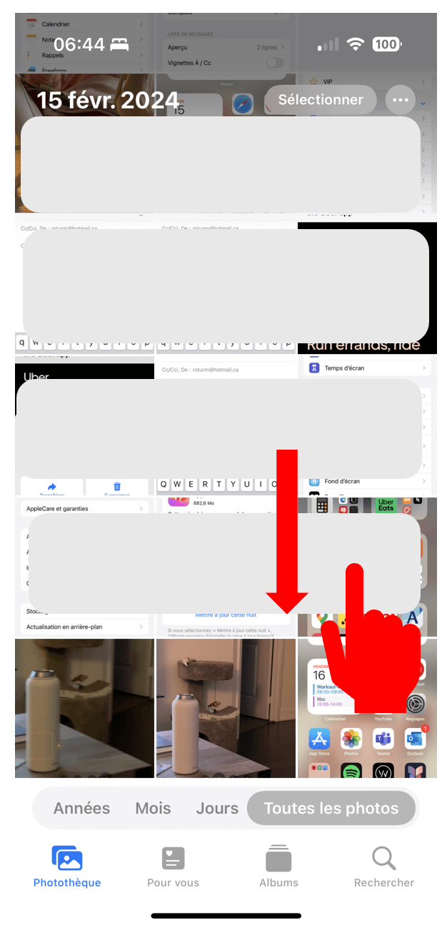 L'application photos montre l'icône de la main qui fait défiler vers le bas pour montrer comment afficher les photos dans la bibliothèque de photos 