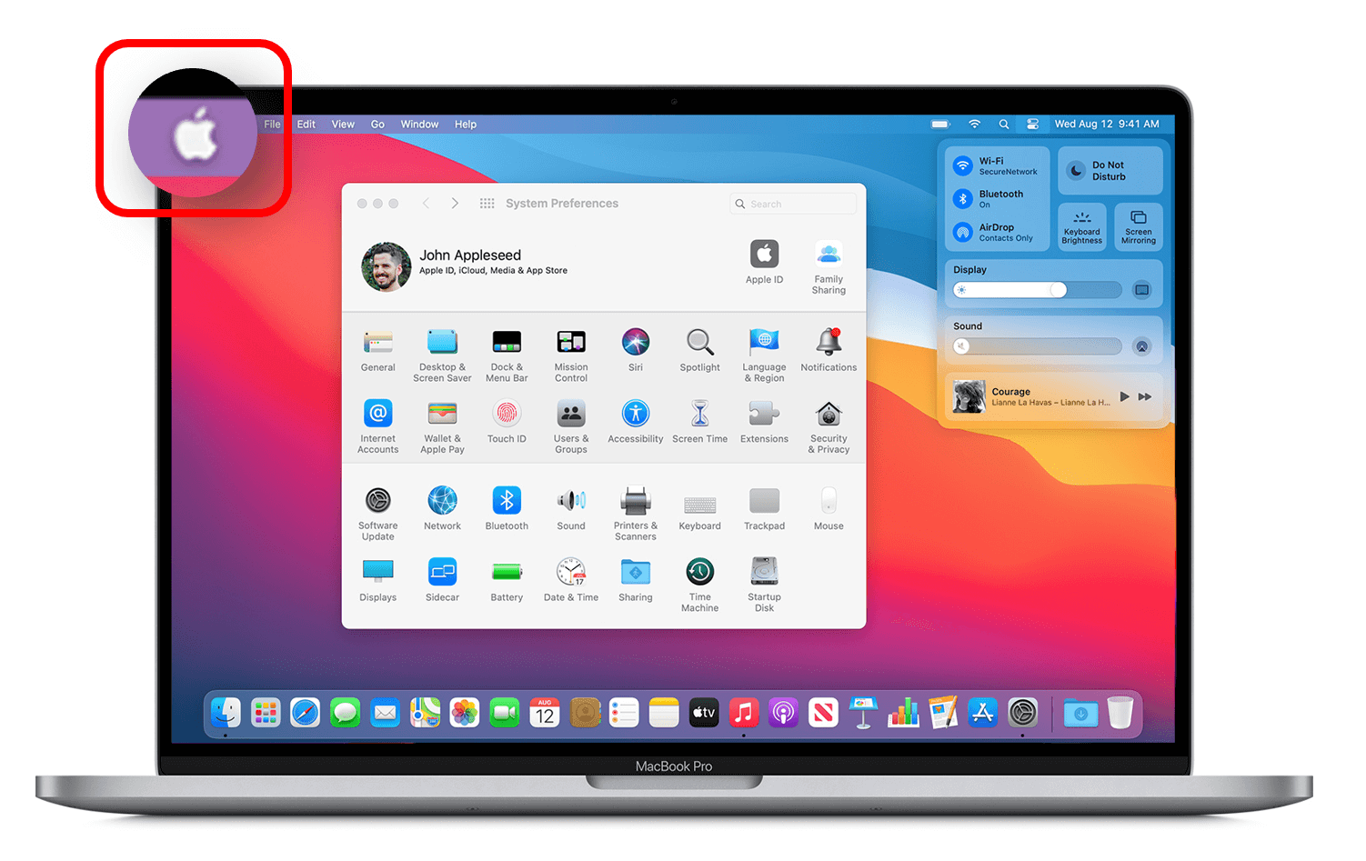Écran d'accueil MacBook avec logo Apple mis en évidence dans le coin supérieur gauche 
