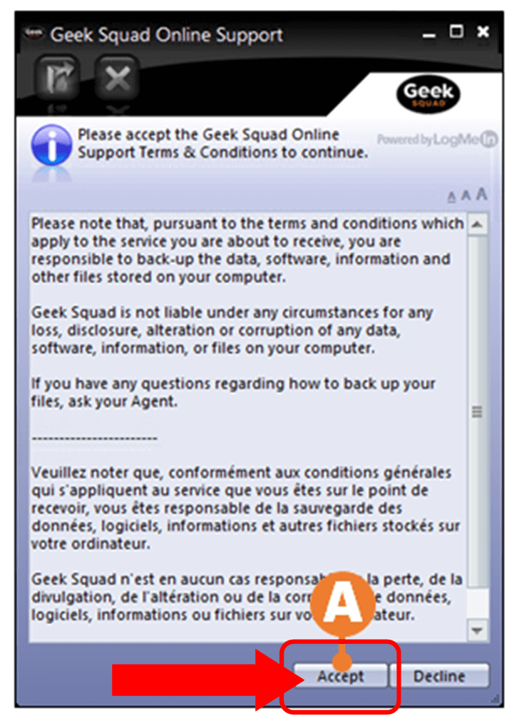 Écran de soutien en ligne de la Geek Squad pour montrer comment laisser la Geek Squad accéder à l'ordinateur. 
