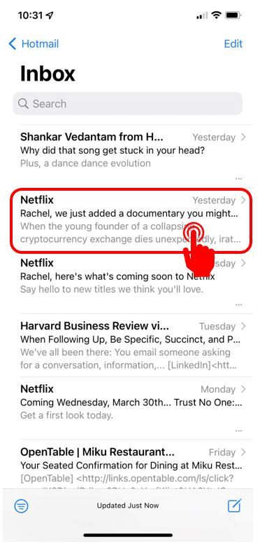 Le courriel de Netflix est surligné en rouge pour montrer comment ouvrir un courriel dans l'application Mail 