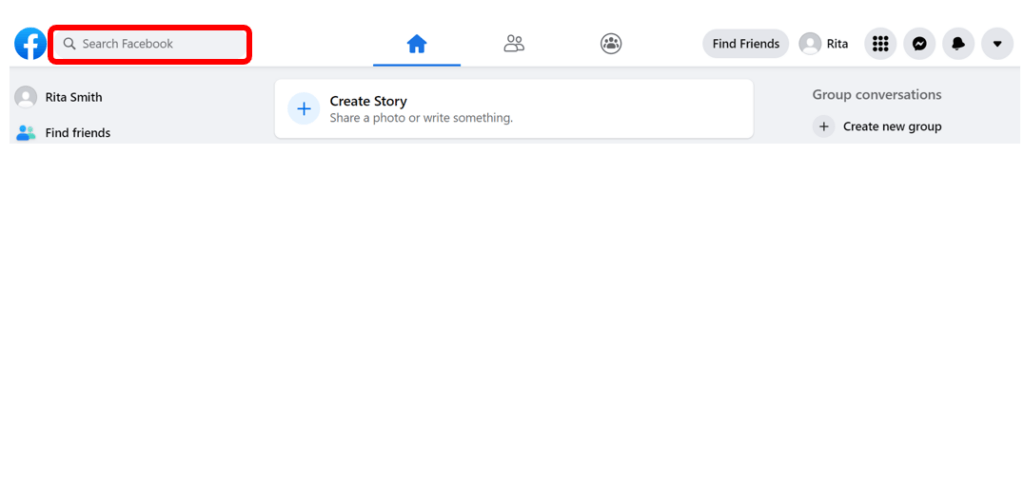 Page d'accueil de Facebook avec le bouton Rechercher dans Facebook en haut à gauche surligné en rouge
