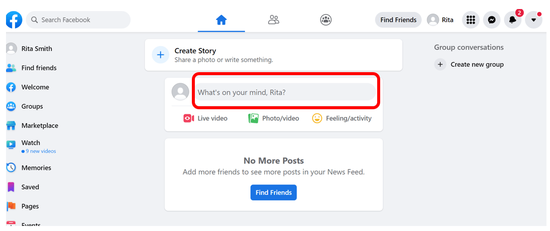 Page d'accueil de Facebook avec la section À quoi pensez-vous? surlignée en rouge pour montrer comment commencer une publication Facebook
