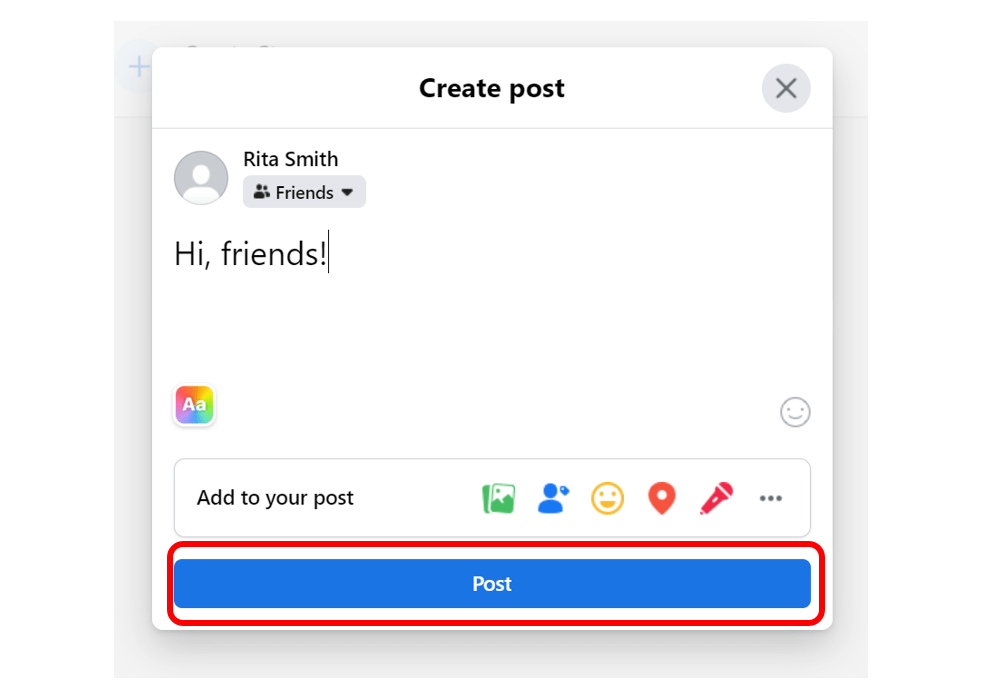 Écran "Créer un message" avec le message "Salut les amis !" et le bouton "Publier" surligné en rouge pour montrer comment publier un message sur Facebook.
