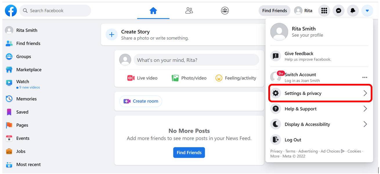 Menu du compte du profil Facebook avec les options Paramètres et Confidentialité surlignées en rouge
