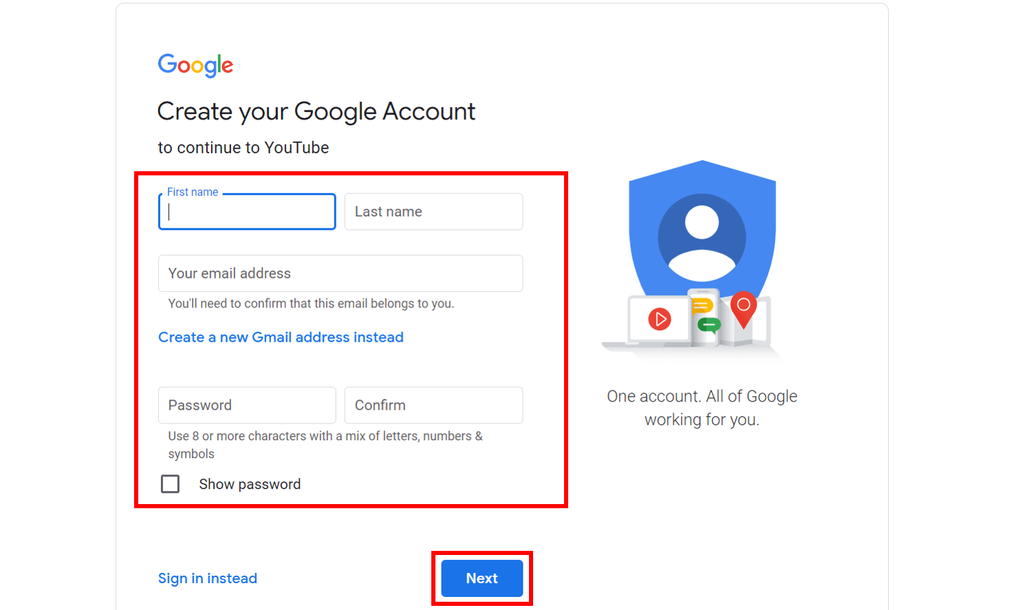Créer un écran de compte Google pour montrer où entrer des renseignements personnels afin de créer un nouveau compte. 
