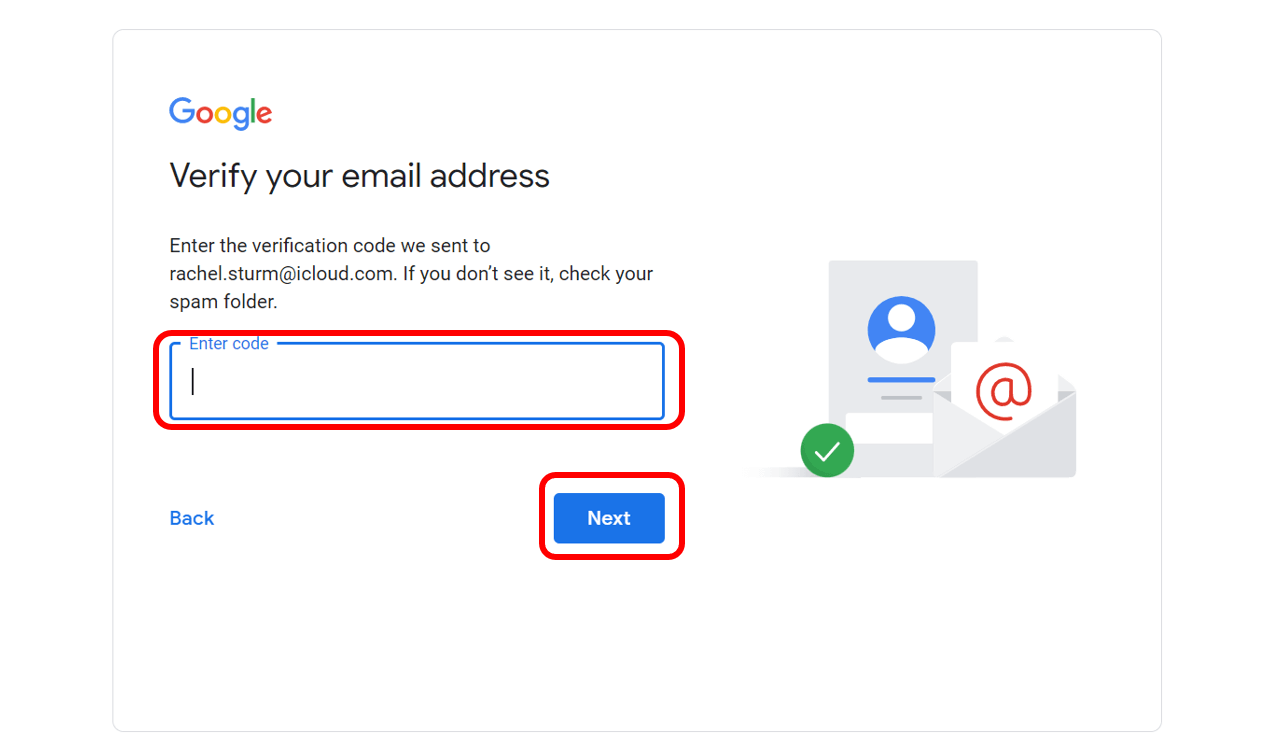 Écran de vérification Google pour indiquer où entrer le code de vérification envoyé à l'adresse courriel. 
