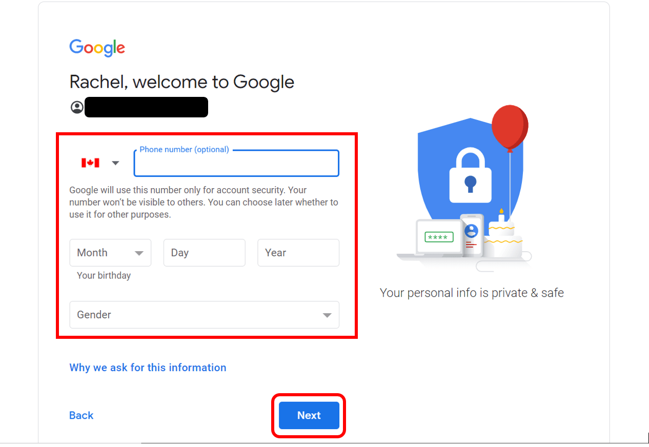Bienvenue à l'écran Google pour montrer où entrer des renseignements personnels afin de continuer à configurer le compte. 
