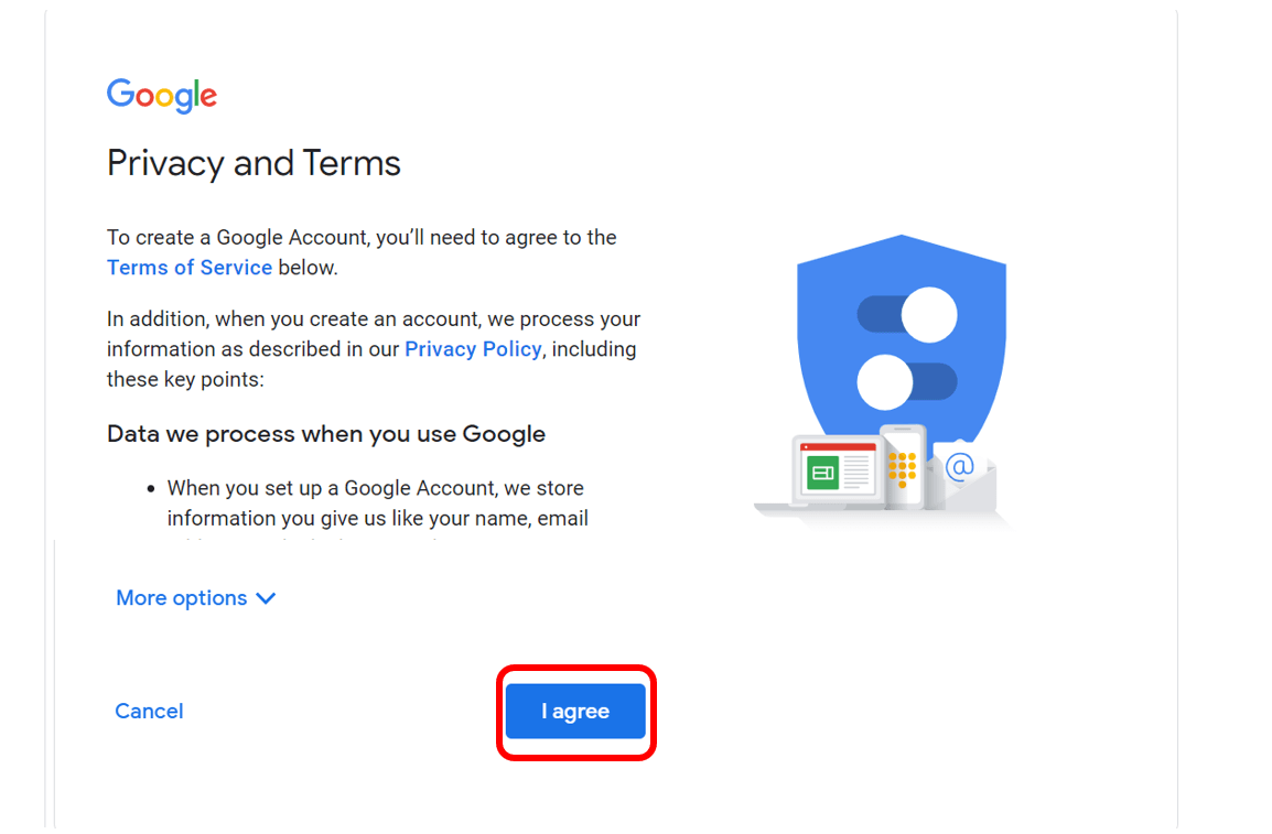 L'écran Google Privacy and Terms avec le bouton J'accepte est surligné en rouge pour montrer comment continuer après avoir lu les conditions générales. 

