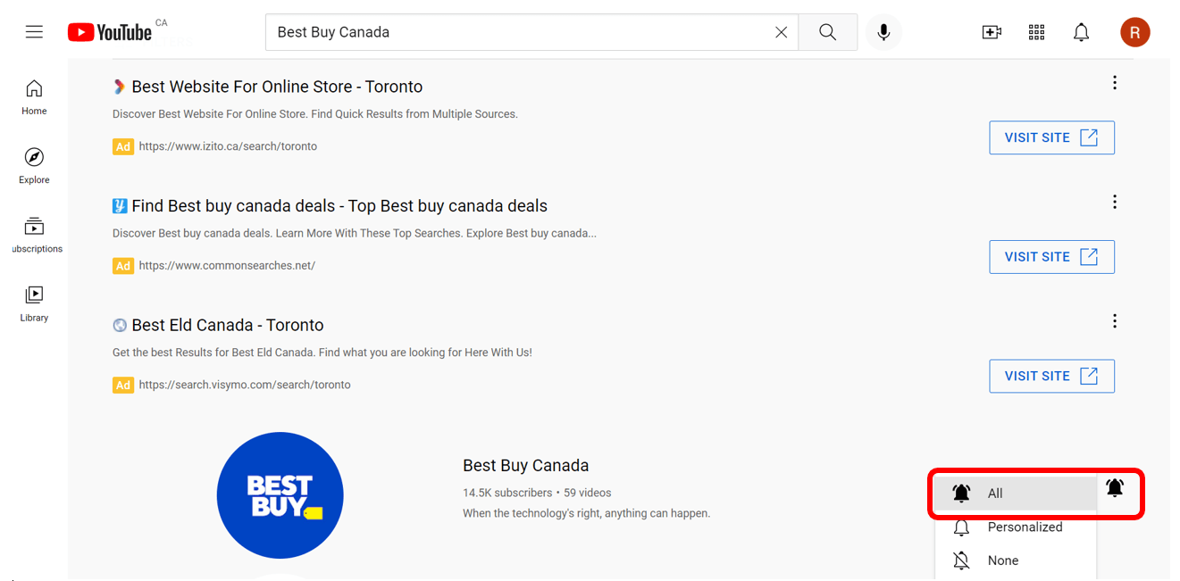 Chaîne YouTube de Best Buy Canada avec bouton de notification en rouge pour montrer comment activer les notifications de cette chaîne. 
