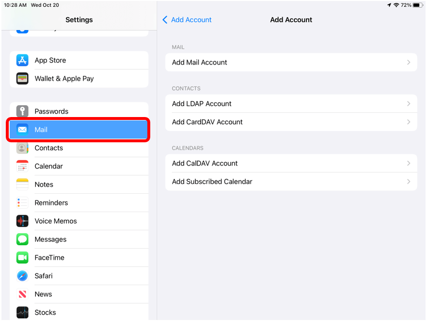 Liste de menu des paramètres iPad avec l'option Mail encerclée en rouge. 
