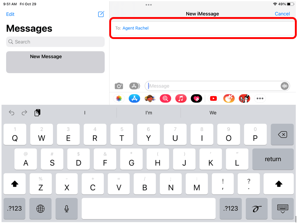 L'écran Messages affiche la barre des destinataires entourée en rouge pour montrer comment ajouter un destinataire à qui envoyer un message.
