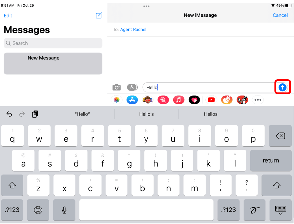 L'écran Messages avec le bouton Envoyer un message entouré en rouge pour envoyer un message qui dit Bonjour.
