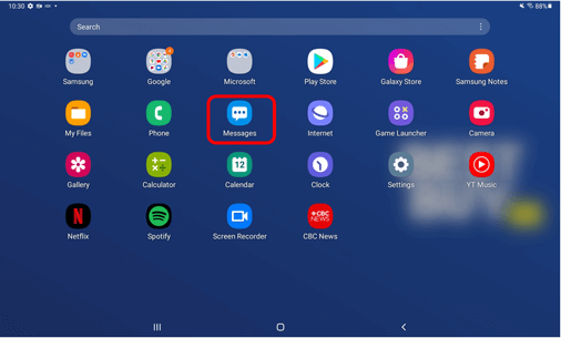 L'écran d'accueil de la tablette Android avec l'application messages encerclé en rouge pour montrer la première étape de l'envoi d'un message 
