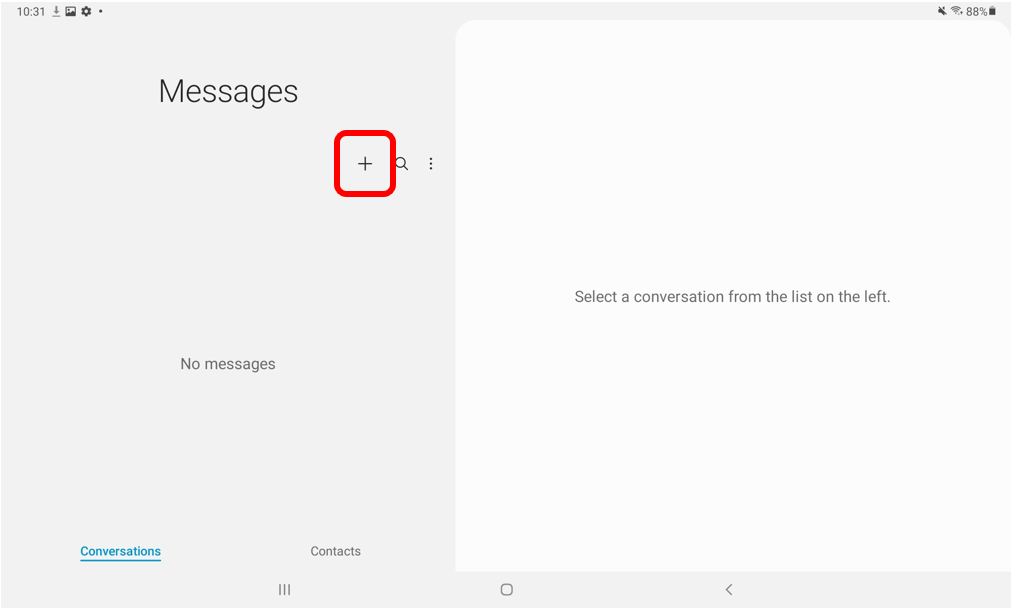 L'écran de l'application messages avec le bouton + encerclé pour montrer comment créer un nouveau message sur une tablette Android 
