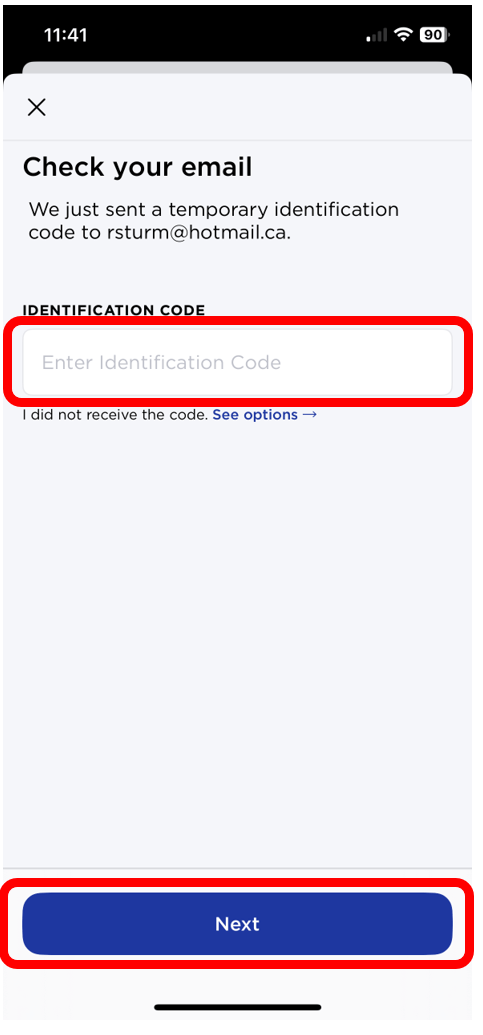 Le code d'identification est mis en surbrillance pour indiquer où entrer le code 