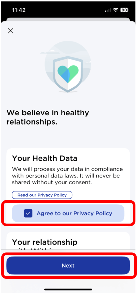 L'écran d'accord de politique de confidentialité est mis en évidence en bas de l'écran 