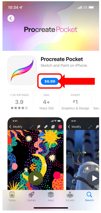 L'application de poche Procreate avec 6,99 $ encerclée en rouge pour montrer à quoi ressemble une application payante 
