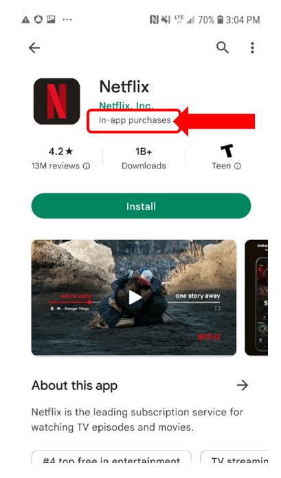 Application Netflix sur la boutique Google Play avec achats dans l'application encerclés en rouge 
