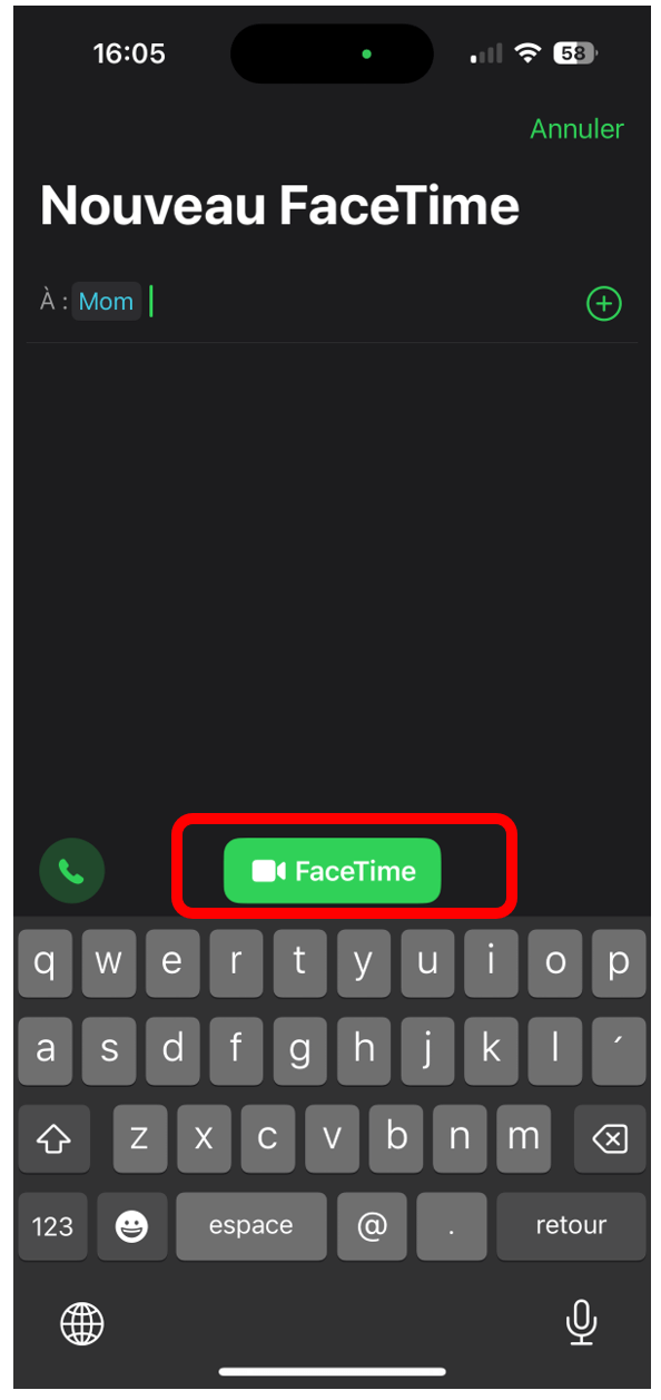 Écran pour démarrer un appel vidéo FaceTime avec l'option FaceTime entourée en rouge pour montrer comment démarrer un appel FaceTime.

