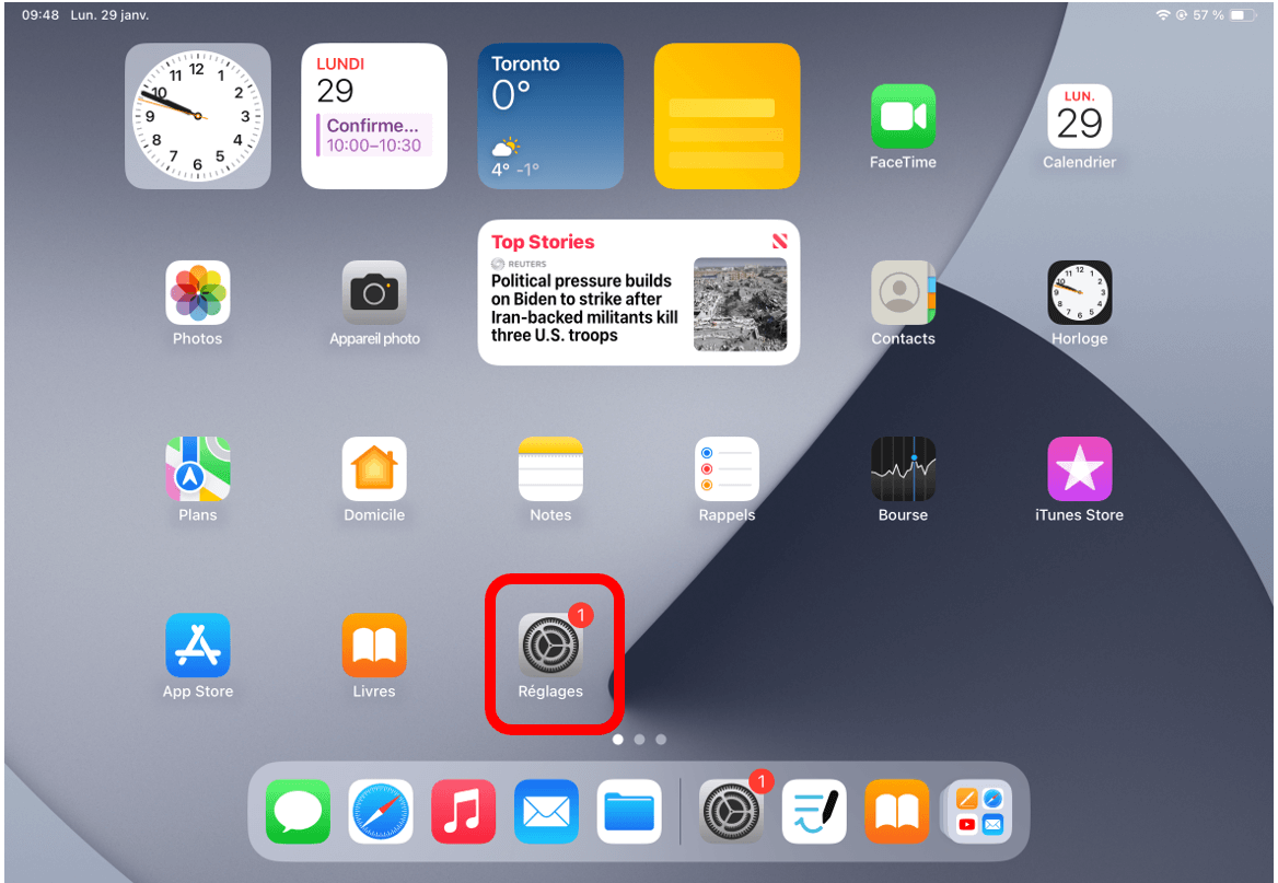 Écran d'accueil de l'iPad avec l'application Réglages entourée en rouge pour montrer où aller pour ajouter un compte de messagerie.
