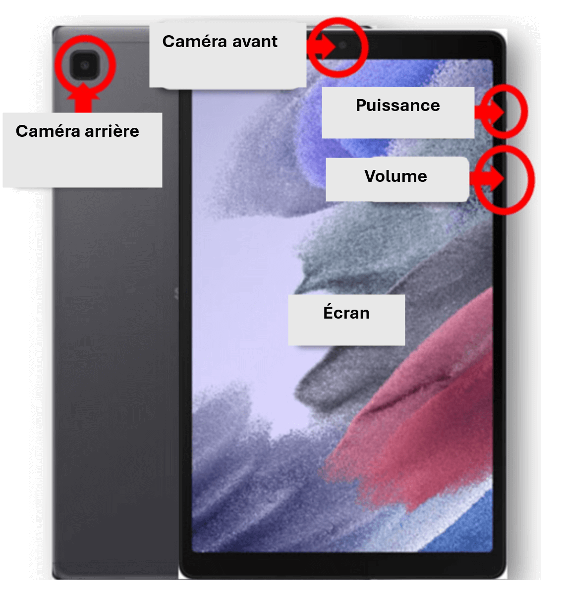 Tablette Samsung avec appareils photo, écran, bouton d'alimentation, volume mis en évidence 