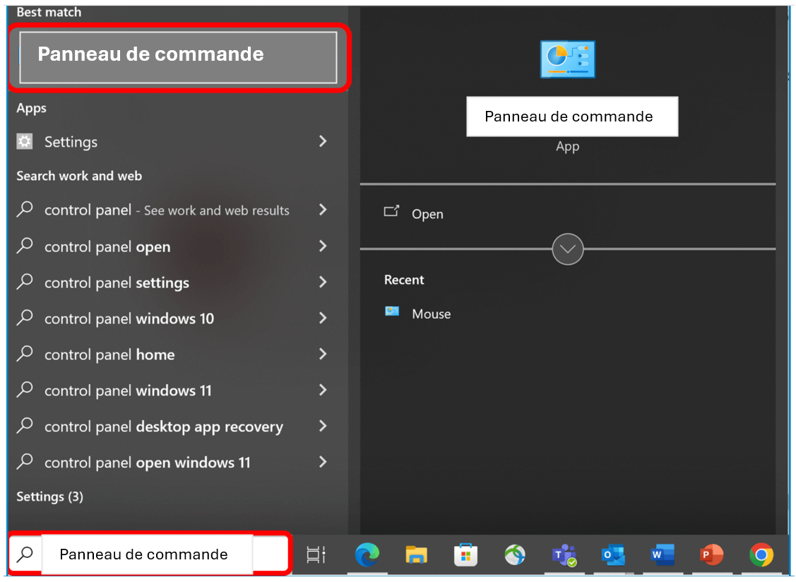 Panneau de configuration de l'ordinateur Windows 