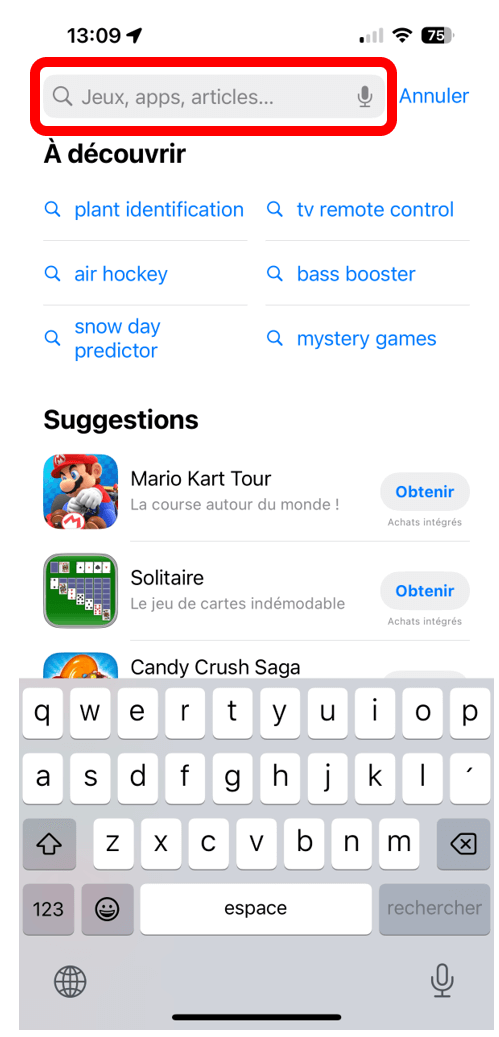 App Store avec barre de recherche en haut de l'écran surlignée en rouge pour montrer où taper le nom de l'application 