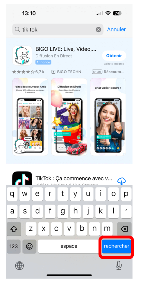 App Store avec bouton de recherche en rouge dans le coin inférieur droit pour montrer comment rechercher l'application TikTok 