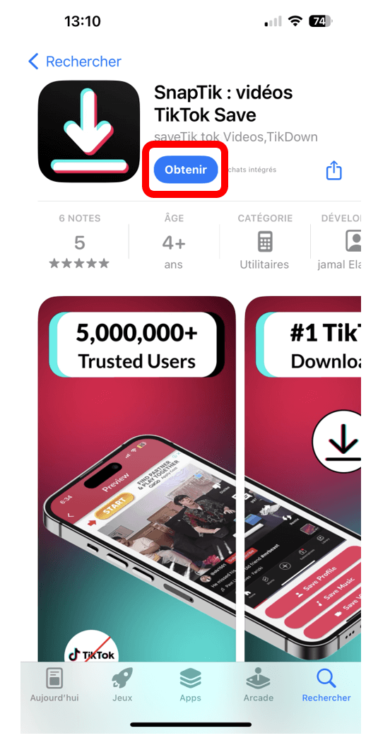 L'application TikTok dans l'App Store est mise en évidence pour montrer comment télécharger une application 