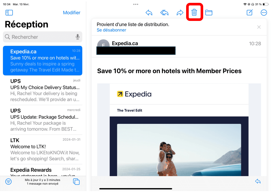 L'icône de poubelle en haut de l'écran est surlignée en rouge pour montrer comment supprimer un courriel dans l'application Mail. 