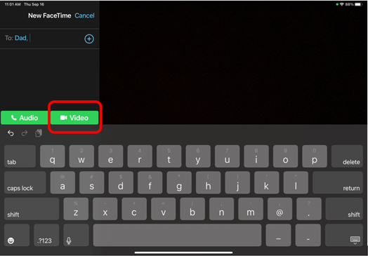 Screen to start a FaceTime video call with the FaceTime option circled in red to demonstrate how to start a FaceTime call