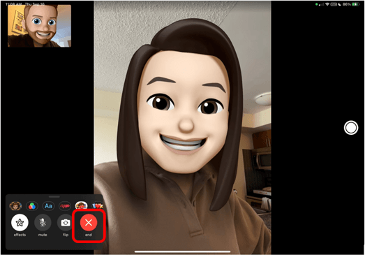 FaceTime call with the End button circled in red to demonstrate how to end a FaceTime call