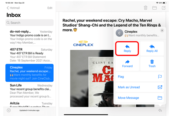 Email reply button highlighted