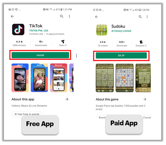 TikTok and Sudoko apps side-by-side to show difference between a paid app and free app on the Google Play Store