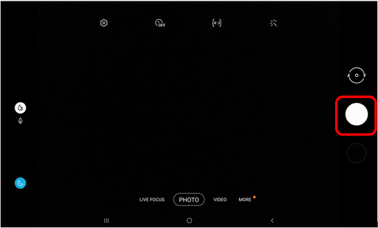 Camera on Android tablet with white button circled in red to show how to take a photo