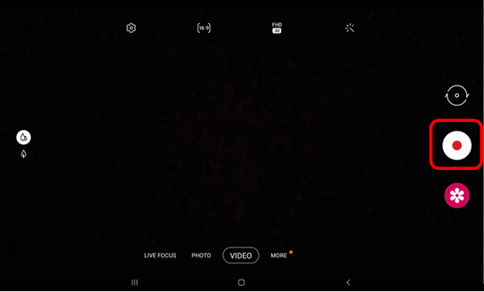 Camera app with white circle with red in the centre circled in red to show how to start recording a video