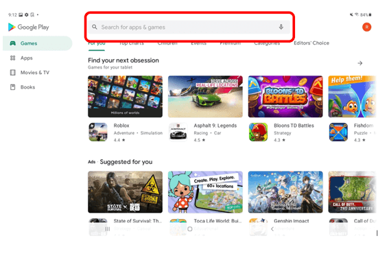 Google Play Store home screen with Search bar circled in red to show how to search for an app