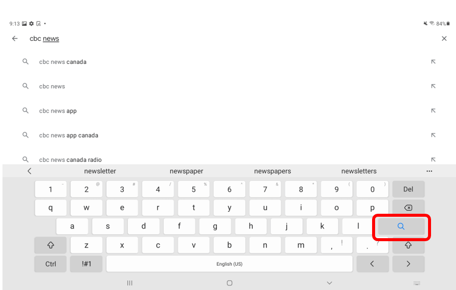 Search function in the Google Play store with magnifying glass icon circled to show how to search for an app after the name is typed in the search bar