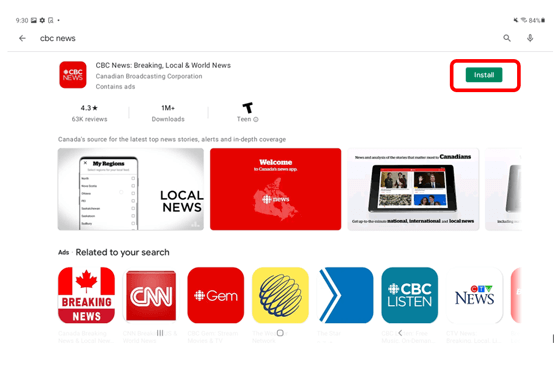 CBC app in the Google Play Store with the Install button circled in red to show how to install an app on an Android tablet