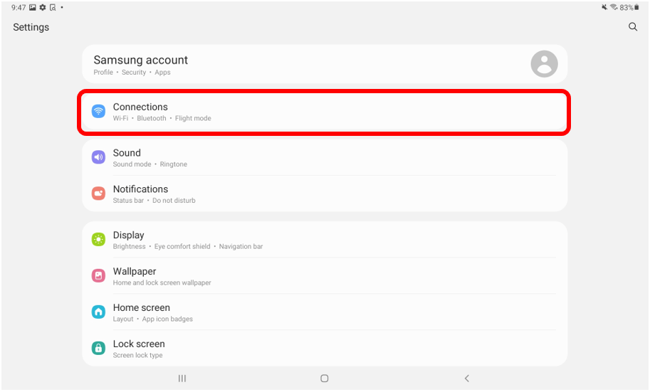Android settings app menu with Connections circled in red to show how to access WiFi networks