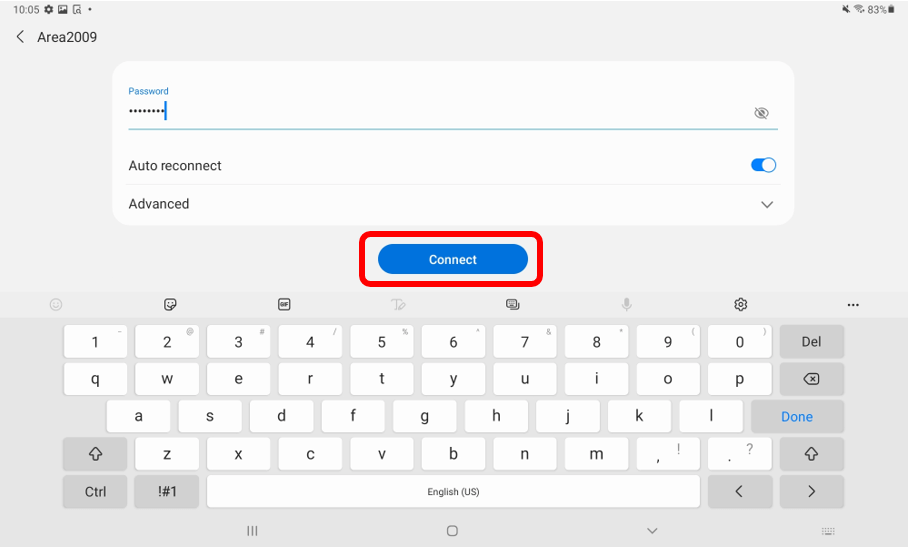 Network password screen with Connect button circled in red to show how to join a WiFi network on Android tablet