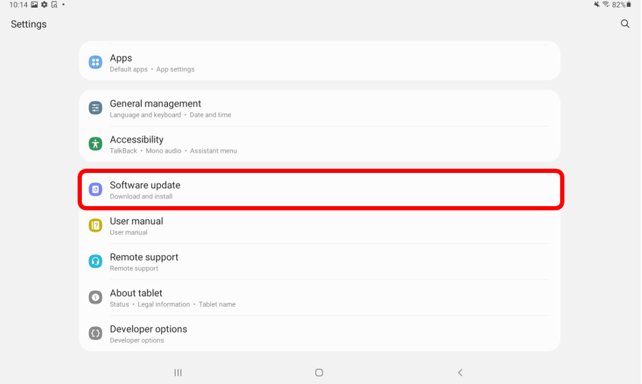 Settings menu on Android tablet with Software update button circled in red to show how to check for updates