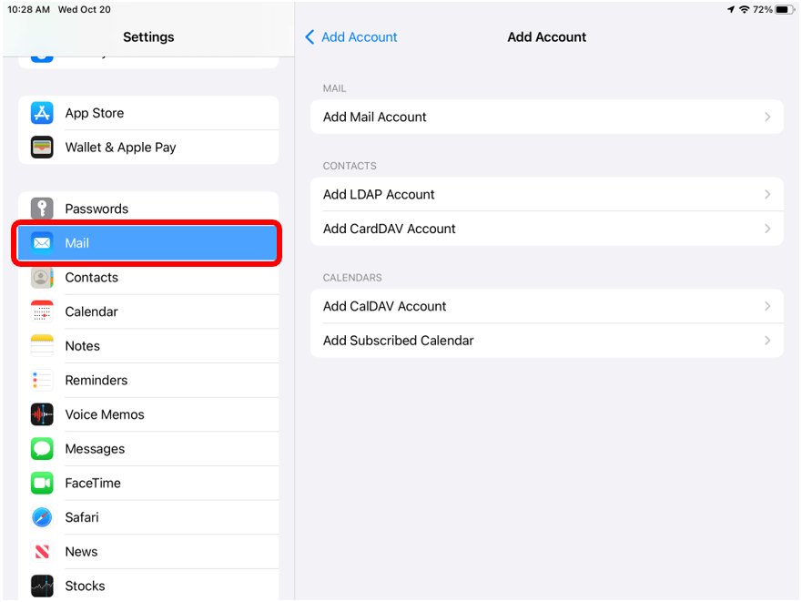 iPad settings menu list with the option Mail circled in red
