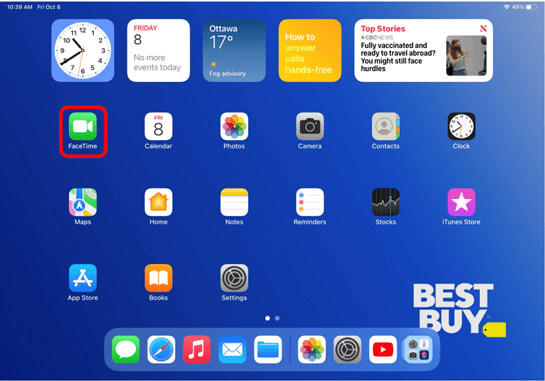 iPad homescreen with the FaceTime icon circled in red to show how to open the FaceTime app