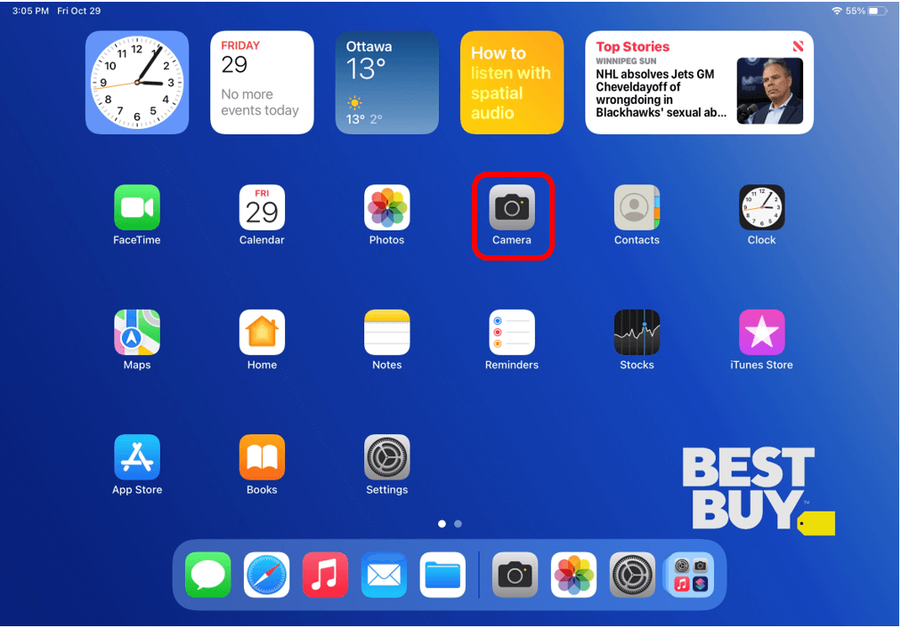 iPad homescreen with the Camera app icon circled in red to show how to open Camera app