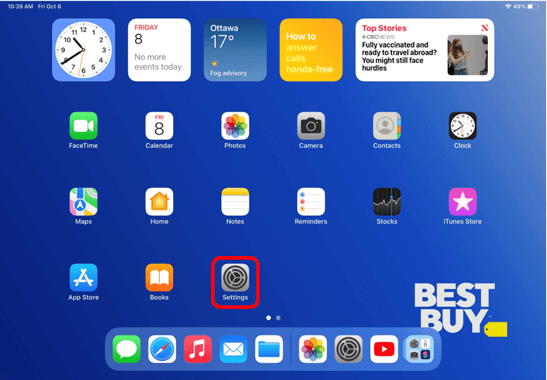 iPad home screen with the Settings app circled in red to show how to open the Settings app
