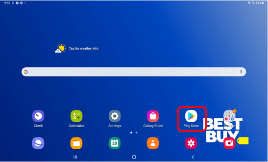Android tablet home screen with Google play Store app circled in red to show how to open the Google Play store app