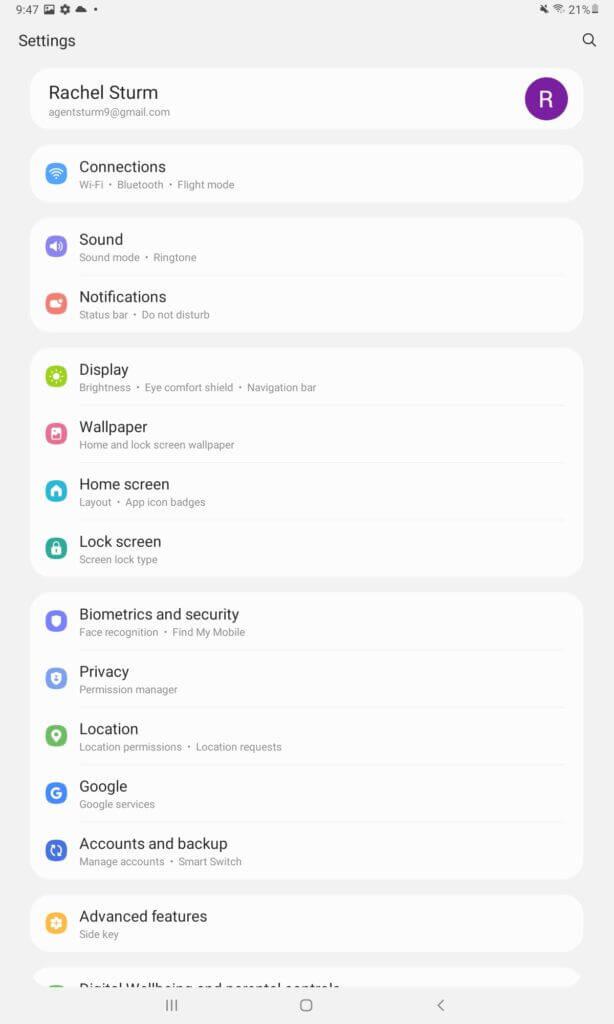 Settings app main screen on an Android tablet