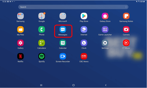 Android tablet home screen with messages app circled in red to show first step on how to send a message