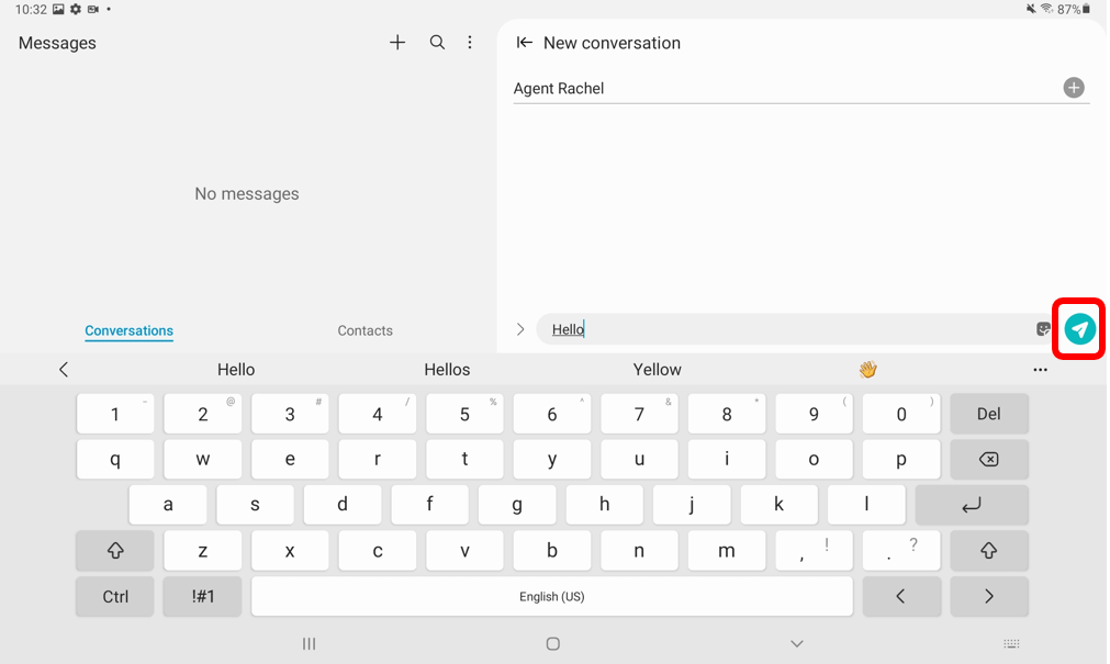 Messages app with green circle with white arrow in centre circled in red to show how to send a message